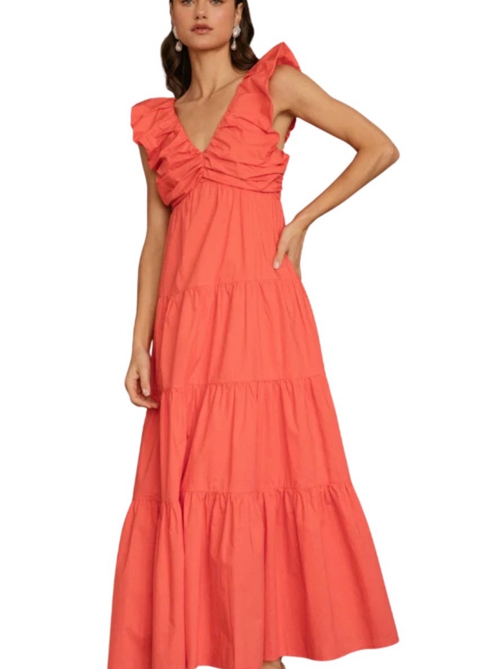 Skies Are Blue- Ruffle V-Neck Maxi Dress in Coral